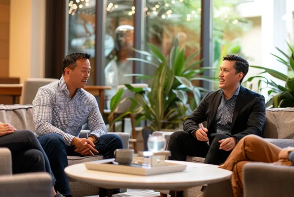 a group of professionals discussing high-level client acquisition strategies in a modern office setting.