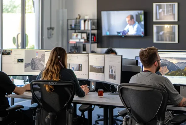 a team of digital marketers working together on multiple computer screens to optimize growth with go highlevel automation.