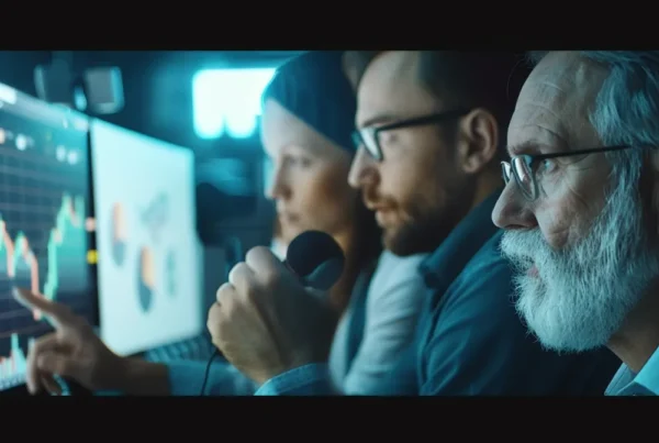 a group of professionals discussing strategies and looking at charts on a computer screen.