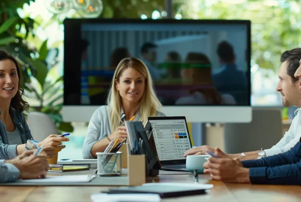 a sales team meeting around a conference table discussing leads and data on a computer screen in a modern office setting.