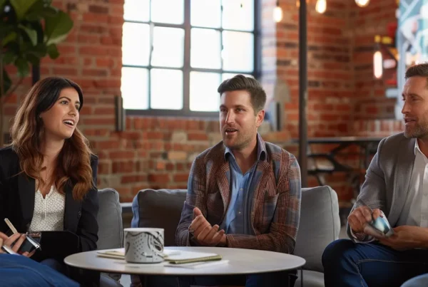a group of business professionals discussing sales strategies and pipelines using gohighlevel crm software.