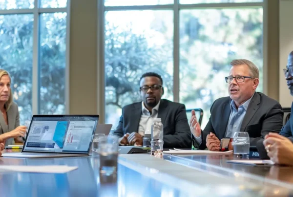 a group of business professionals discussing marketing strategies around a conference table while using go highlevel automation software.